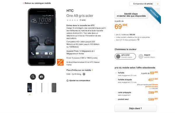 Le HTC One A9 aperçu à 599,90 euros sur le site d'Orange