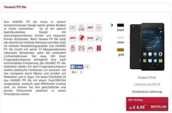 Le Huawei P9 Lite apparaît dans une boutique allemande avec une date de livraison