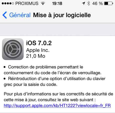 Apple déploie iOS 7.0.2 et comble la faille de sécurité de l'écran de déverrouillage