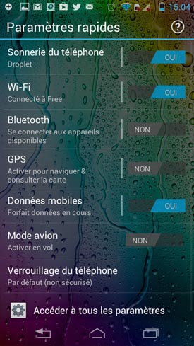 Motorola Razr i : menu paramètre rapides
