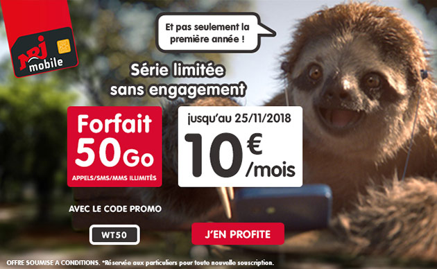 Le forfait NRJ Mobile 50 Go en promo à 10 euros par mois à vie