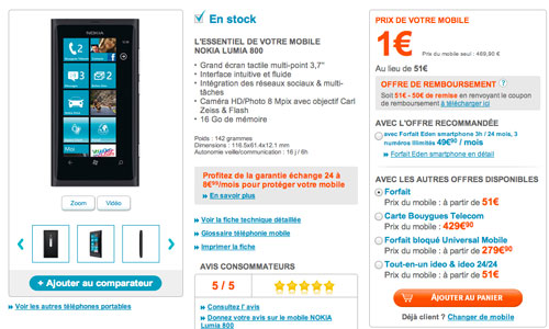 Le Nokia Lumia 800 à 1 euro chez Bouygues Telecom 