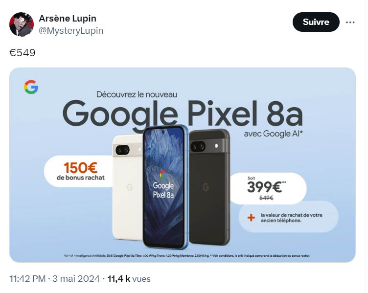 Google Pixel 8a prix