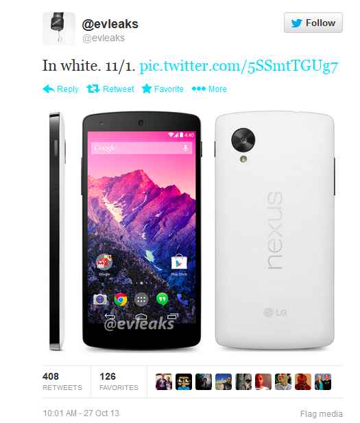 Nexus 5 : image leakée en blanc, sortie le premier novembre ?