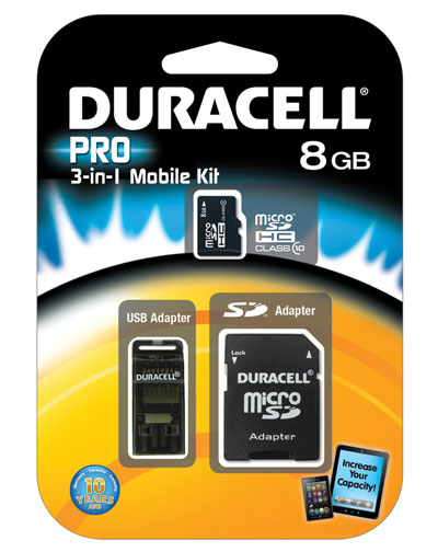 Kits Mobiles Pro Duracell Flash 3-en-1 : des cartes microSD fournies avec des adaptateurs USB et SD