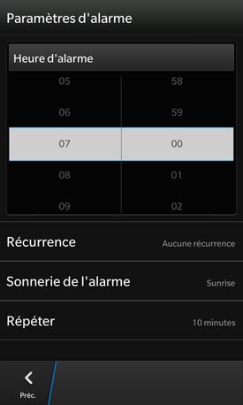 BlackBerry Z10 : paramètres d'alarme