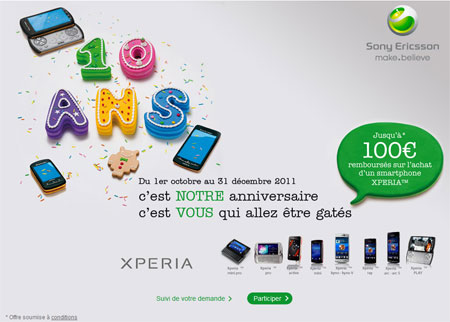 Sony Ericsson fête ses 10 ans et rembourse jusqu'à 100 euros sur un Xperia