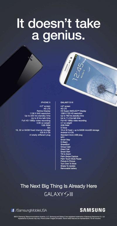 iPhone 5 vs Galaxy S3 : Samsung déclenche la guerre avec une pub, Nokia s'en mêle aussi