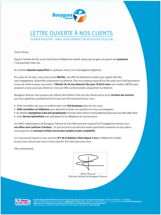 Bouygues Telecom adresse une lettre ouverte à ses clients