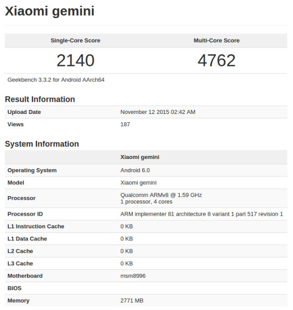 Le Xiaomi Mi 5 aperçu sur GeekBench avec un SoC Snapdragon 820 