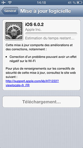 capture d'écran de la mise à jour iOS 6.0.2 sur un iPhone 5