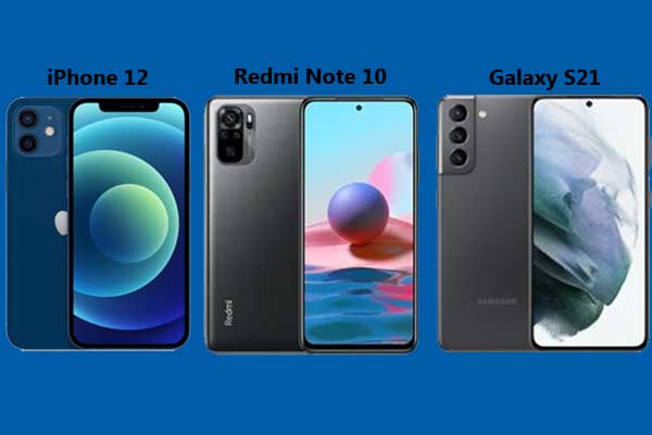 Les trois smartphones les plus populaires de cette rentrée : Apple iPhone 12, Galaxy S21 et Xiaomi Redmi Note 10