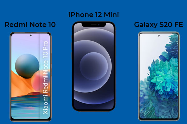 Les trois smartphones les plus populaires en Juillet 2021 : iPhone 12 mini, Galaxy S20 FE et le Xiaomi Redmi Note 10 Pro