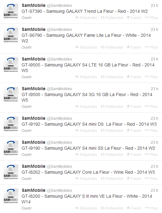 Samsung préparerait des éditions La Fleur des Galaxy S4, Galaxy S III mini, Galaxy Trend, Galaxy Fame Lite et Galaxy Core
