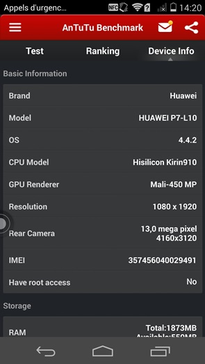 Huawei Ascend P7 : AnTuTu le classe au niveau des haut de gamme de 2013