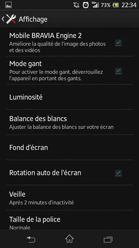 Sony Xperia SP : menu Affichage