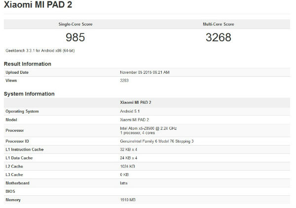 La Xiaomi Mi Pad 2 listée sur GeekBench avec un processeur Intel quad-core à bord