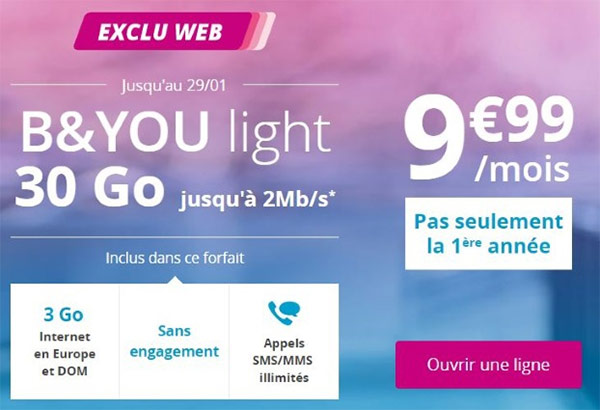 Le forfait B&You light 30 Go à 9,99 euros est de retour