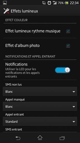 Sony Xperia SP : menu effets lumineux