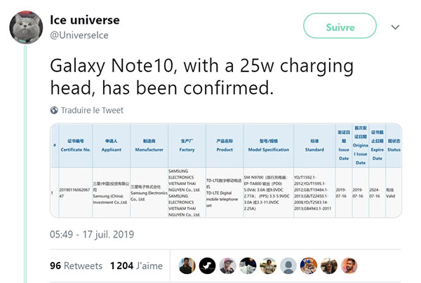 Samsung Galaxy Note 10+ : il ne serait pas livré avec le chargeur