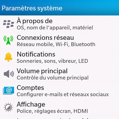 BlackBerry Q10 : paramètres système