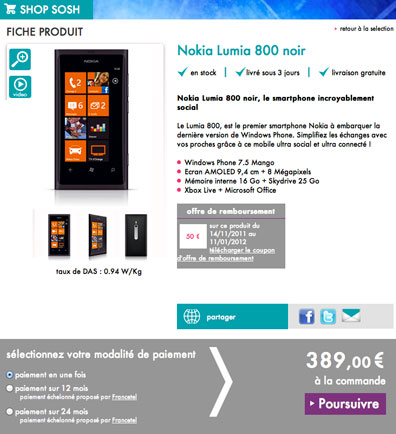 Le Nokia Lumia 800 à 389 euros chez Sosh