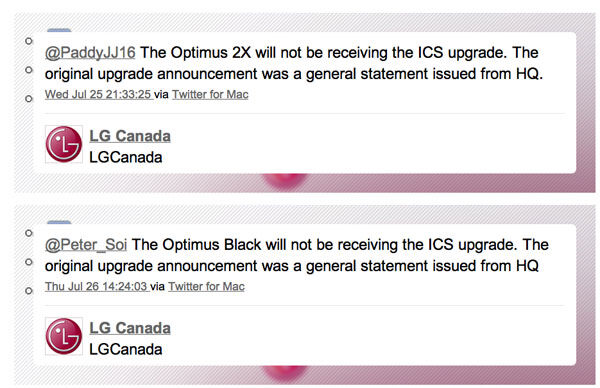 Pas de mise à jour Android 4.0 ICS pour les LG Optimus 2X et Optimus Black, au Canada seulement ?