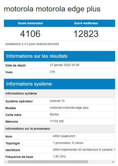 Motorola Moto Edge+ : ses caractéristiques dévoilées par Geekbench