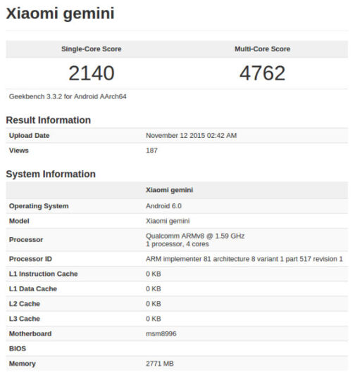 Le Xiaomi Mi 5 aperçu sur GeekBench avec un SoC Snapdragon 820 