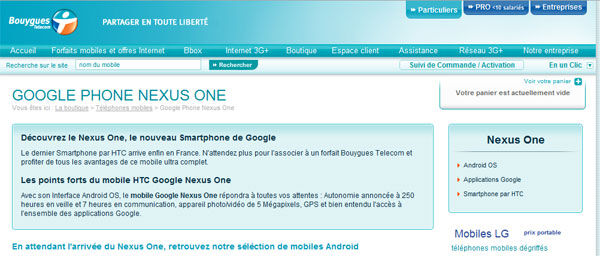 Le Nexus One apparaît chez Bouygues Telecom