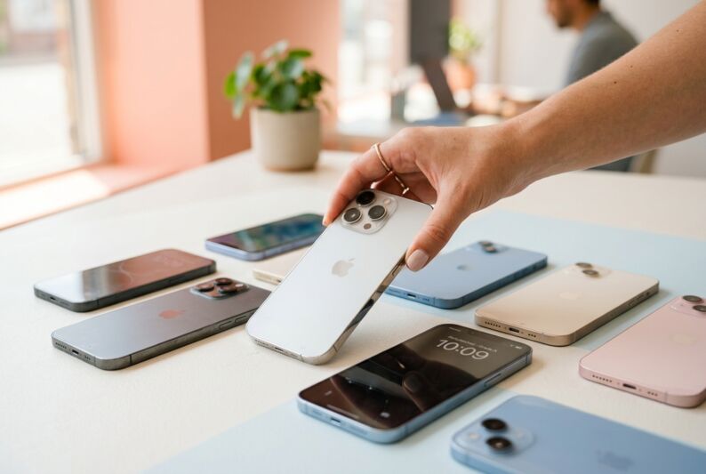 Une main choisit un smartphone reconditionné parmi plusieurs modèles disposés sur un fond clair et lumineux.