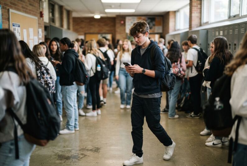 Un adolescent tenant un smartphone dans une cour d'école.