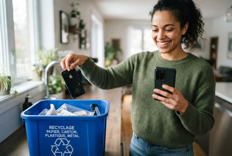 Une personne jette un iPhone dans un bac de recyclage tout en tenant un smartphone Android avec satisfaction.