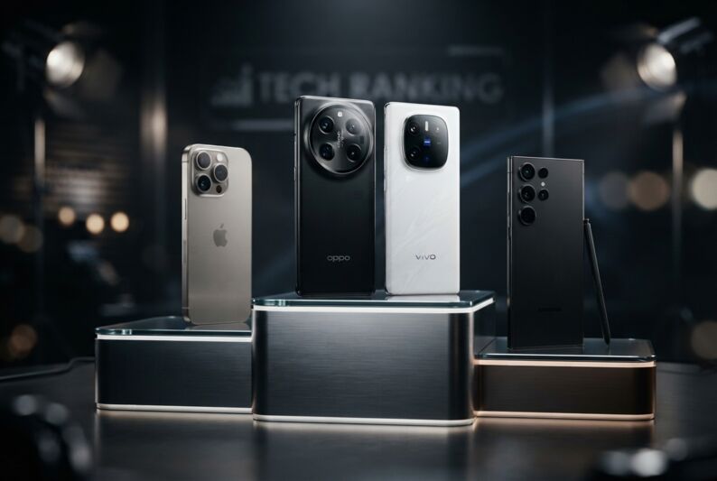 Podium avec smartphones Oppo et Vivo au premier plan, iPhone et Samsung en retrait dans un studio sombre.