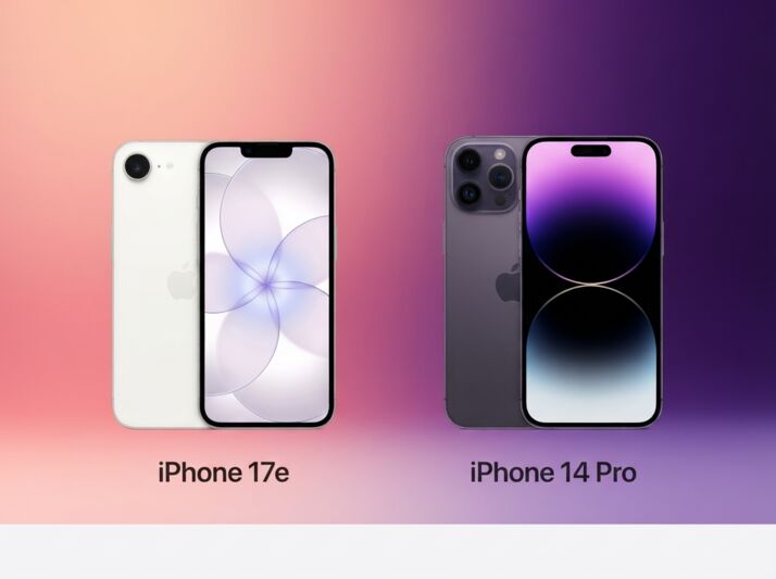 Comparaison visuelle entre un iPhone 17e blanc et un iPhone 14 Pro violet sur fond dégradé.