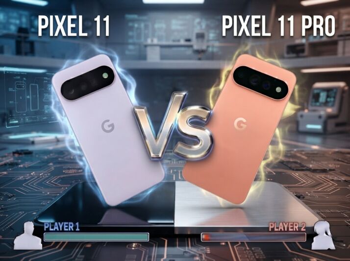 Comparaison visuelle entre un Google Pixel 11 et un Pixel 11 Pro sur un fond technologique.