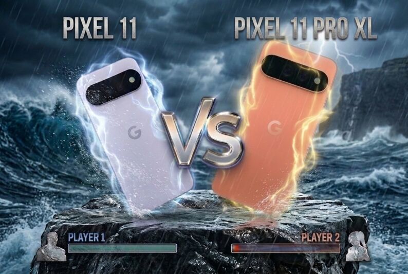 Comparaison entre les smartphones Pixel 11 et Pixel 11 Pro XL sur un rocher au milieu d'une mer en tempête.