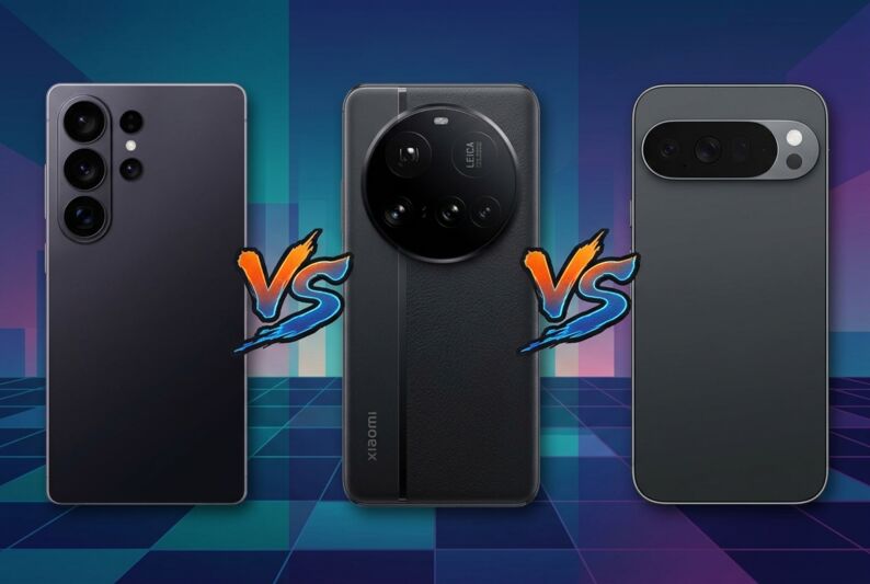 Trois smartphones alignés sur un fond coloré avec des logos VS stylisés.