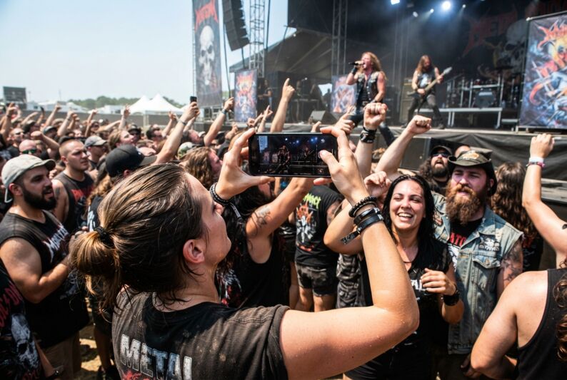 Smartphone capturant un concert de heavy metal traditionnel.