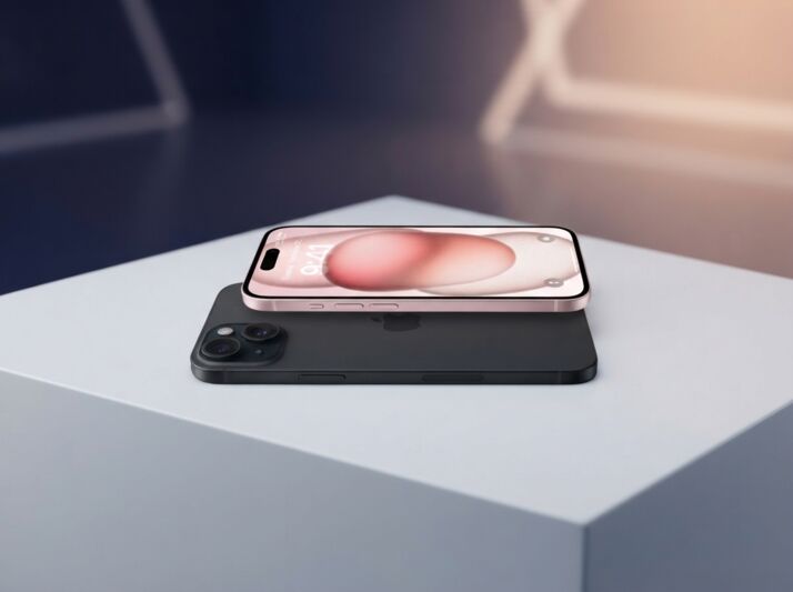 Deux smartphones posés l'un sur l'autre sur un socle cubique.