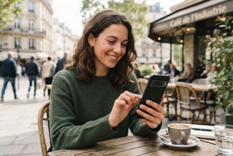 Une femme tenant un smartphone Google Pixel dans sa main.