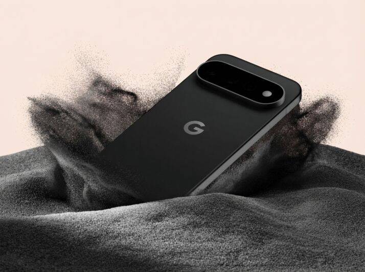 Smartphone Google Pixel noir posé sur un tas de sable noir.