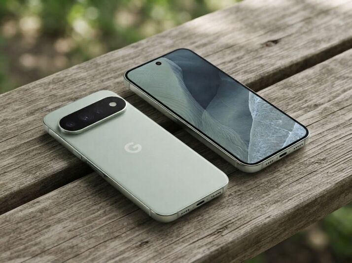 Deux smartphones Google Pixel posés sur une table de pique-nique en bois.