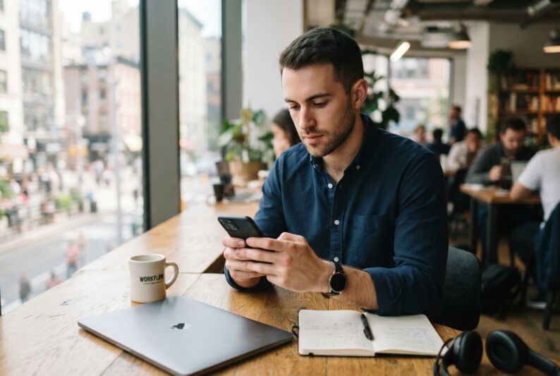 Un homme utilise un smartphone.