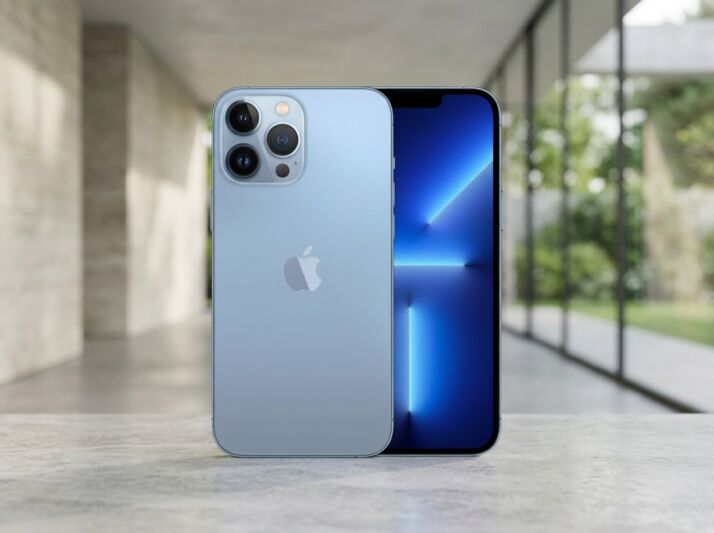 iPhone 13 Pro bleu posé sur une surface plane avec un arrière-plan flou.
