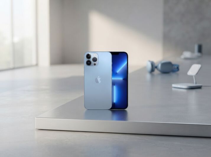 iPhone 13 Pro bleu posé sur une surface métallique avec des accessoires en arrière-plan.
