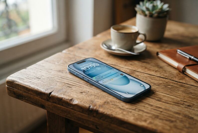 Un iPhone 15 posé sur une table en bois.
