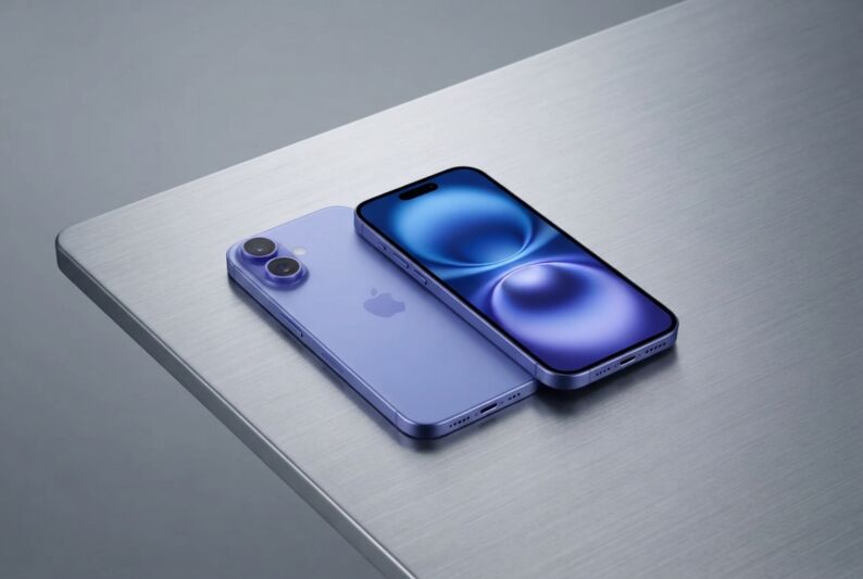 Un iPhone 16 posé sur une surface métallique grise.