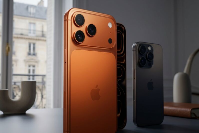 iPhone 17 Pro Max au premier plan et iPhone Pro en retrait sur un bureau dans un intérieur français.