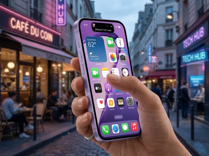 Main tenant un iPhone 17 violet dans une rue avec des enseignes lumineuses.